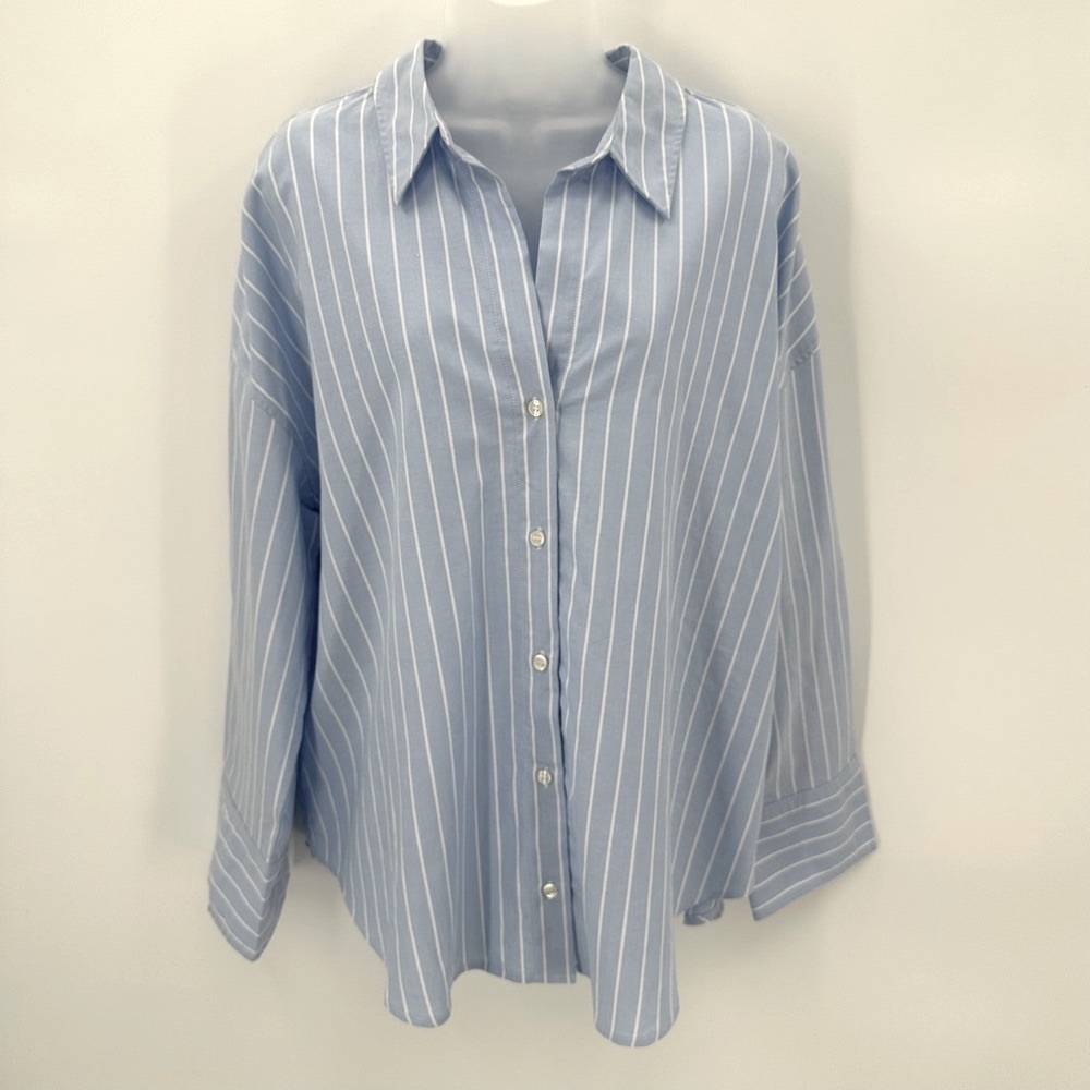 ZARA Oversized Oxford Shirt Top Striped Blue White Sz XL